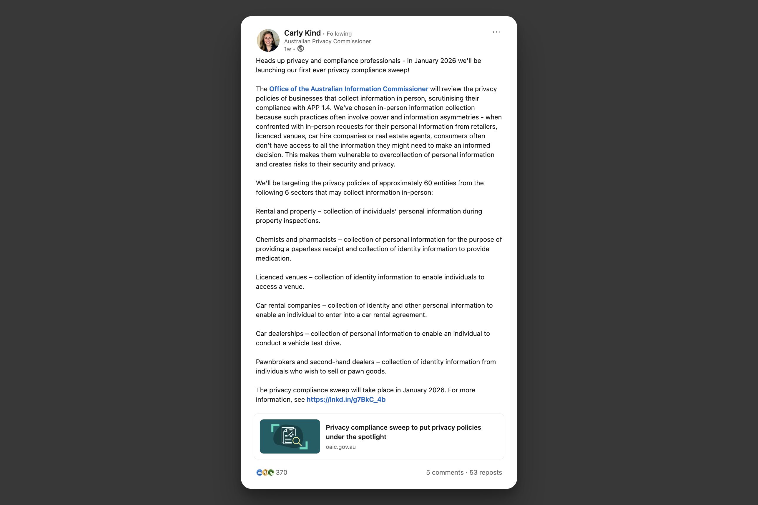 OAIC privacy sweep announcement